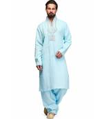 Blue Cotton printed stitched   mens kurta