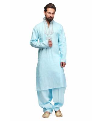 Blue Cotton printed stitched   mens kurta 2