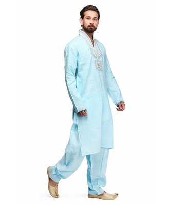 Blue Cotton printed stitched   mens kurta 3