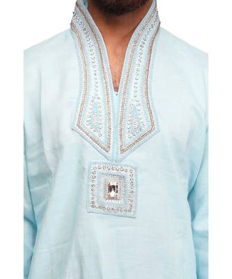 Blue Cotton printed stitched   mens kurta 4
