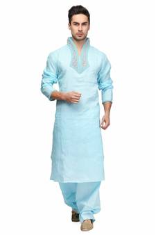 Blue Cotton printed stitched   mens kurta