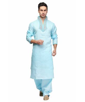 Blue Cotton printed stitched   mens kurta 1