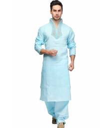 Blue Cotton printed stitched   mens kurta