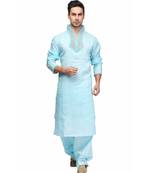 Blue Cotton printed stitched   mens kurta