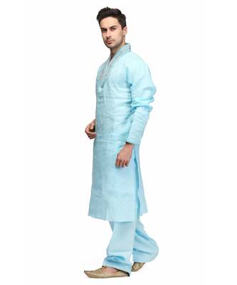 Blue Cotton printed stitched   mens kurta 2