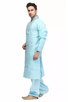 Blue Cotton printed stitched   mens kurta