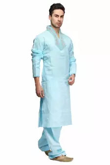 Blue Cotton printed stitched   mens kurta