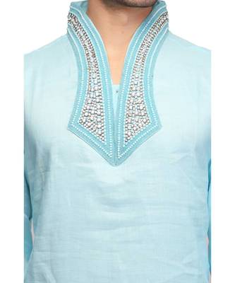 Blue Cotton printed stitched   mens kurta 4