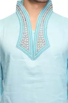 Blue Cotton printed stitched   mens kurta