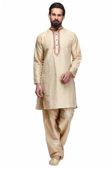 Beige silk embroidered   stitched   mens kurta