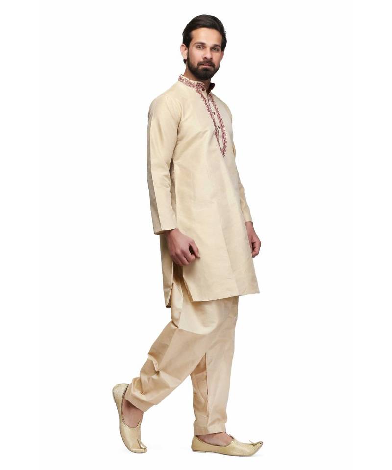 Beige silk embroidered   stitched   mens kurta