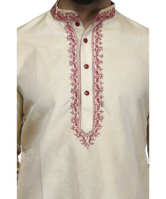 Beige silk embroidered   stitched   mens kurta 3