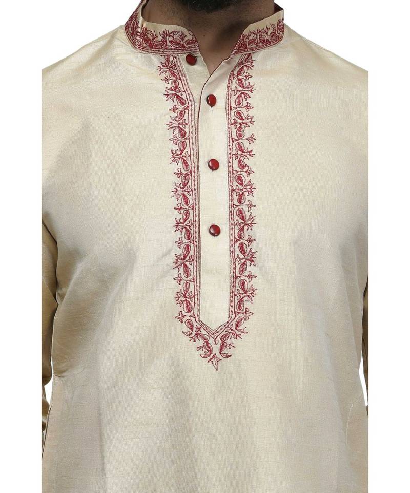 Beige silk embroidered   stitched   mens kurta