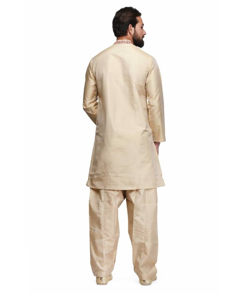 Beige silk embroidered   stitched   mens kurta