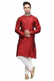Maroon silk printed stitched   mens kurta