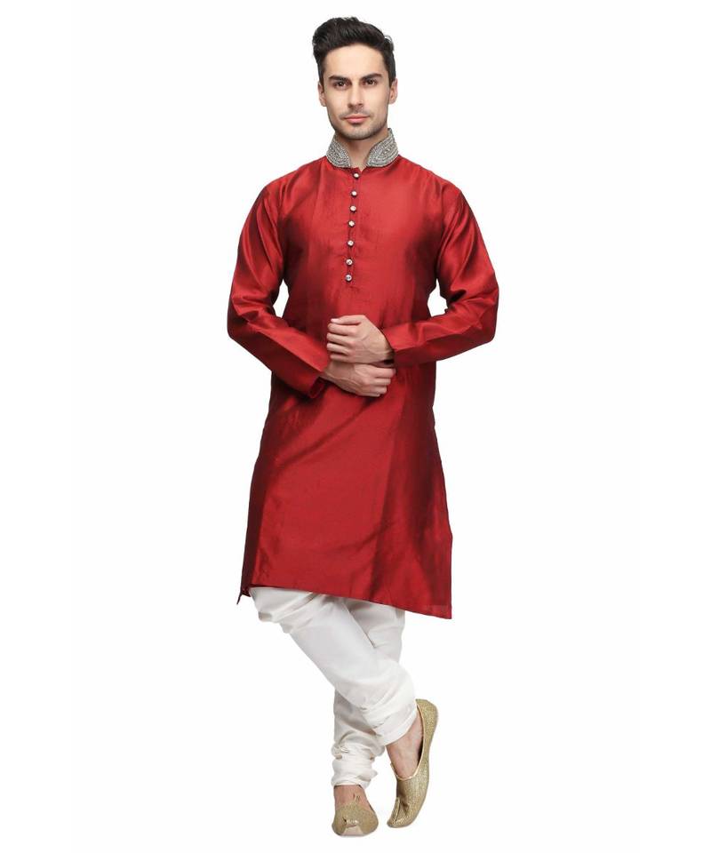Maroon silk printed stitched   mens kurta