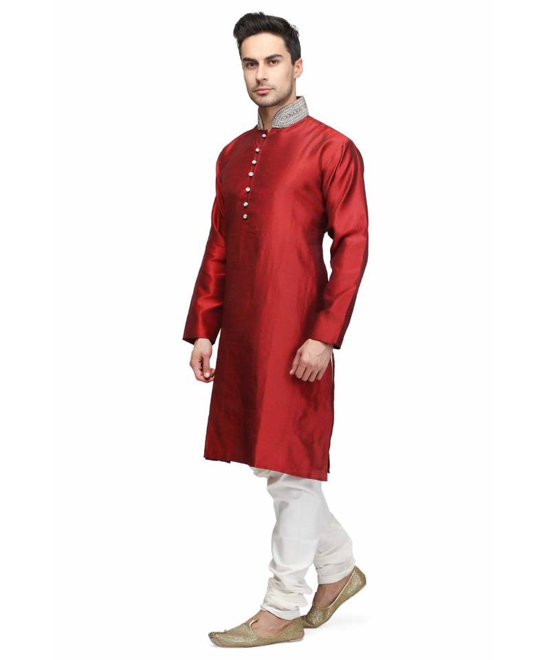 Maroon silk printed stitched   mens kurta