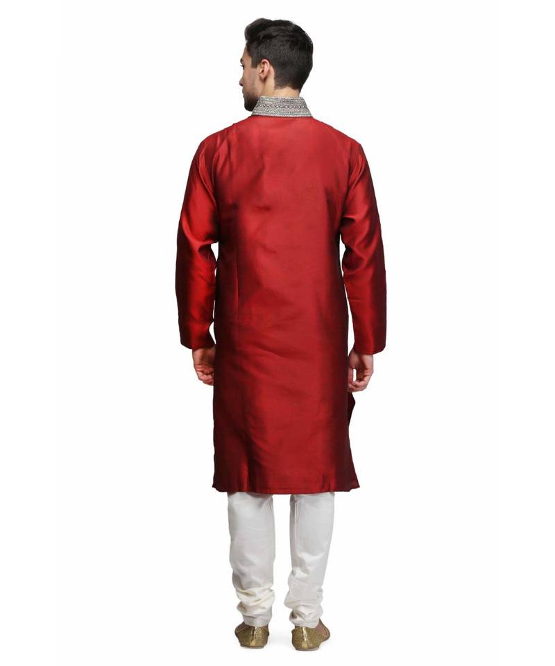 Maroon silk printed stitched   mens kurta