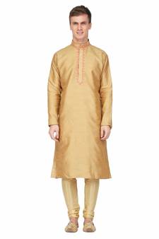 Gold silk embroidered   stitched   mens kurta