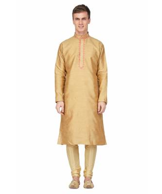 Gold silk embroidered   stitched   mens kurta 1