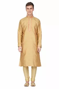 Gold silk embroidered   stitched   mens kurta