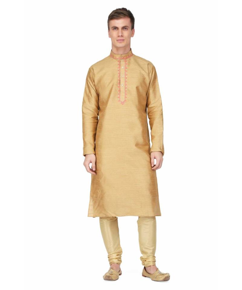 Gold silk embroidered   stitched   mens kurta