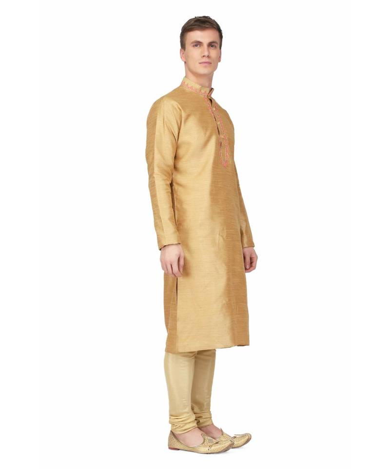 Gold silk embroidered   stitched   mens kurta