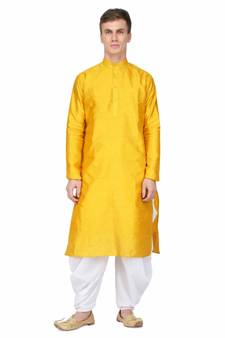Yellow silk printed stitched   mens kurta