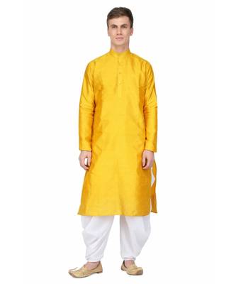 Yellow silk printed stitched   mens kurta 1