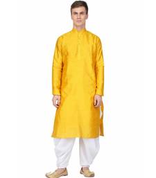 Yellow silk printed stitched   mens kurta
