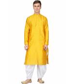Yellow silk printed stitched   mens kurta