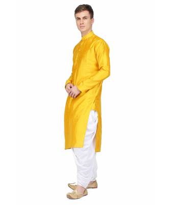 Yellow silk printed stitched   mens kurta 2