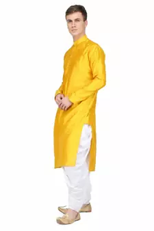 Yellow silk printed stitched   mens kurta