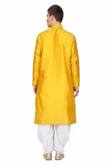 Yellow silk printed stitched   mens kurta