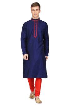 Blue silk embroidered   stitched   mens kurta