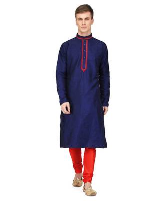 Blue silk embroidered   stitched   mens kurta 1