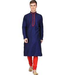 Blue silk embroidered   stitched   mens kurta