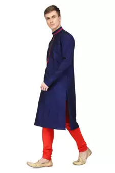 Blue silk embroidered   stitched   mens kurta