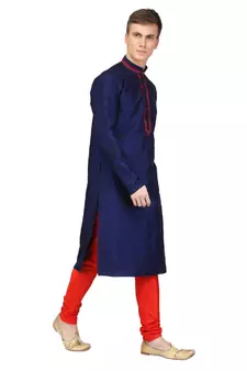 Blue silk embroidered   stitched   mens kurta