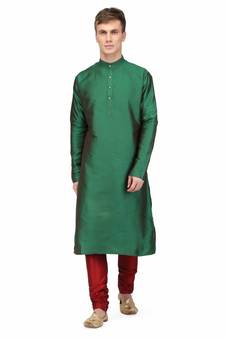 Green silk printed stitched   mens kurta