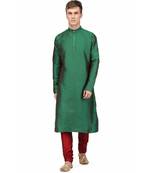 Green silk printed stitched   mens kurta