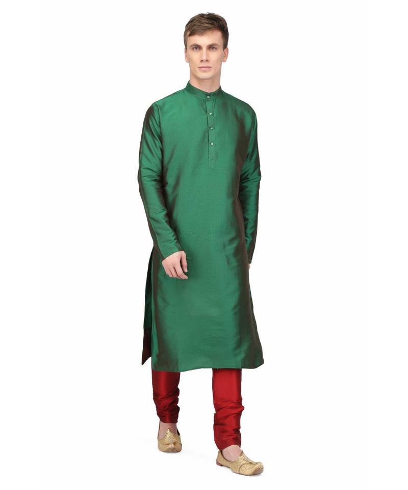 Green silk printed stitched   mens kurta
