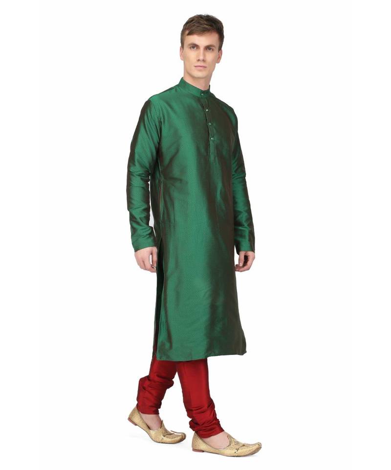 Green silk printed stitched   mens kurta