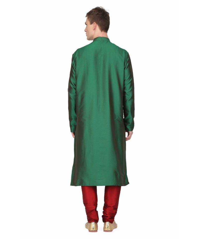 Green silk printed stitched   mens kurta