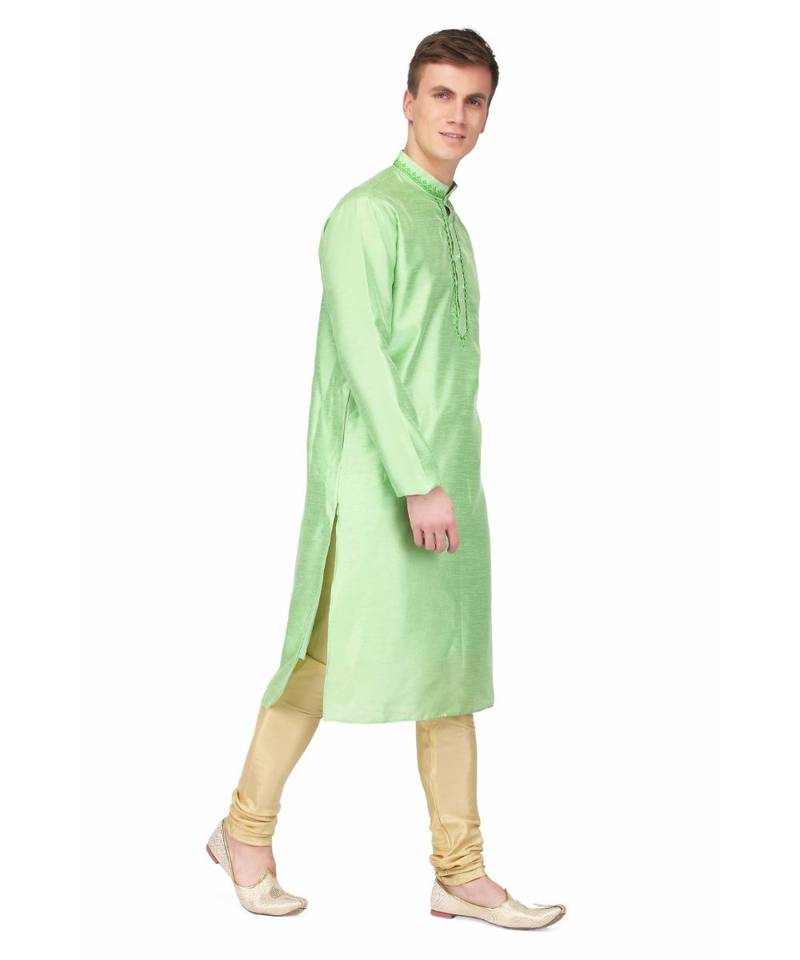 Green silk embroidered   stitched   mens kurta