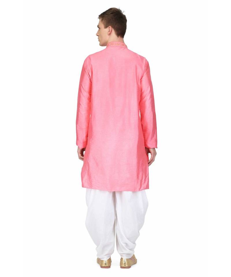 Pink silk embroidered   stitched   mens kurta