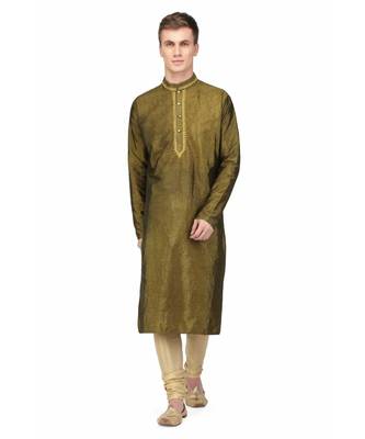 Green silk embroidered   stitched   mens kurta 1