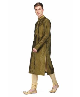 Green silk embroidered   stitched   mens kurta 2