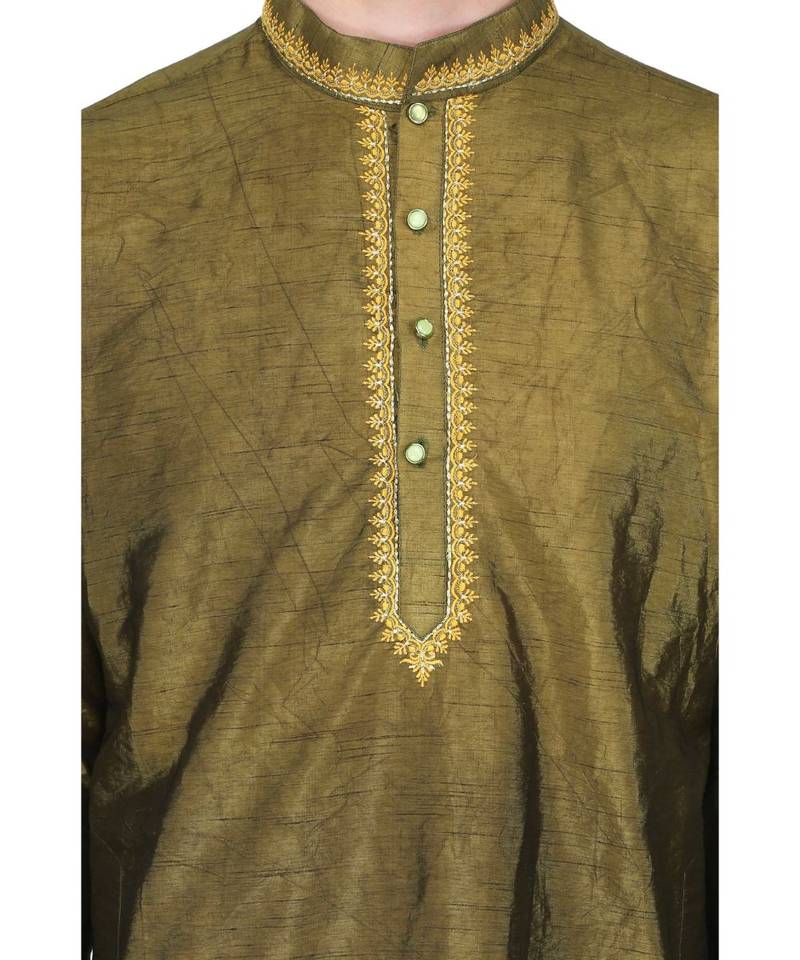 Green silk embroidered   stitched   mens kurta