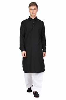 Black Cotton printed stitched   mens kurta